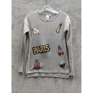 Oh MG! Sweater Teens Small Gray Paris Sequin Graphic Long Sleeve Knit Pullover